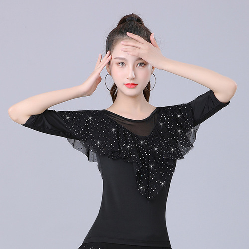 Latin dance clothing square dance clothing spring and summer new short-sleeved top performance clothing modern dance ballroom dance practice clothing for women