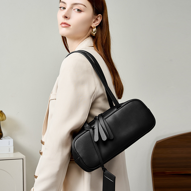 Top Grain Cowhide Bowling Bag For Women Korean Style - Niche Luxury Genuine Leather Baguette Underarm Bag For Commuting - Thumbnail 3