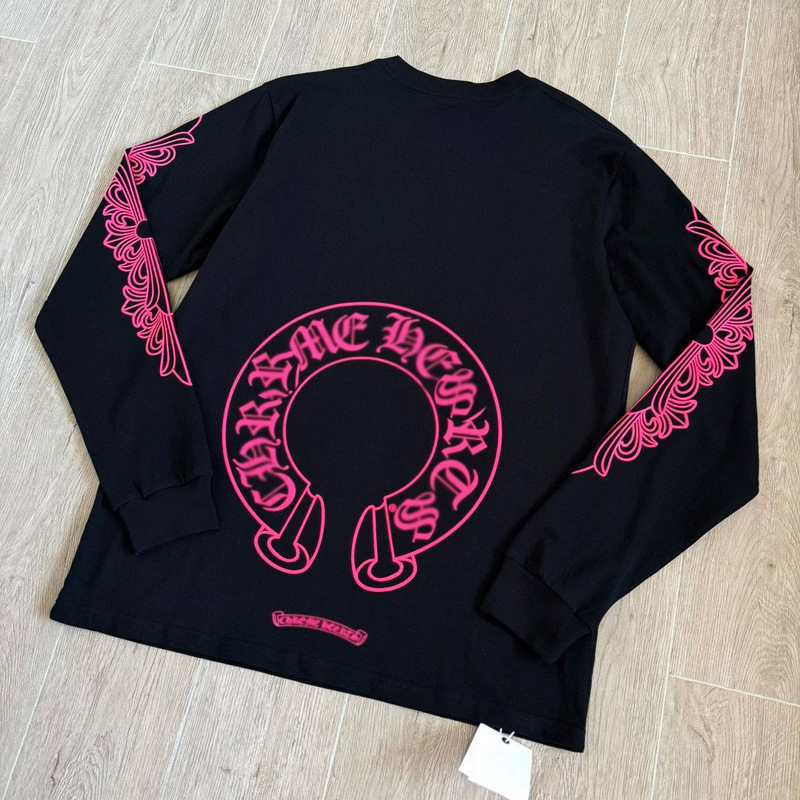【In-Stock Correct Version】Ch Chrome Hearts Pink Cross Vine Print Long-Sleeve Unisex T-Shirt