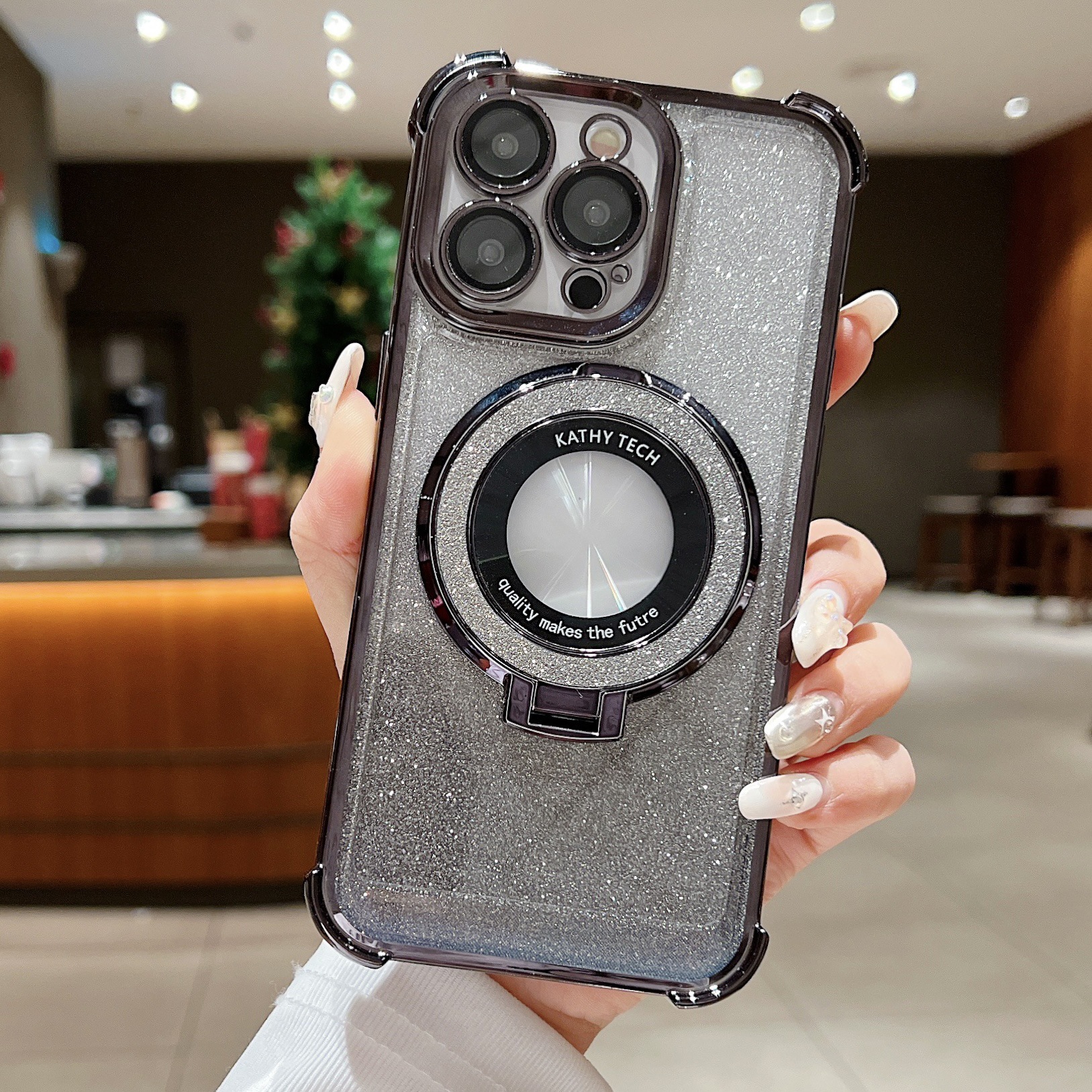 Funda magnética con purpurina para iPhone 17, 16 y 15, con acabado electrochapado degradado, cuatro esquinas anticaídas y soporte magnético.