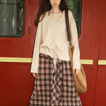 素舶 Superki超软幼马海毛羊毛亲肤镂空花边V领抽绳针织套衫毛衣