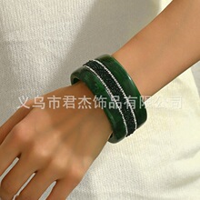 复古波西米亚风墨绿色花纹树脂手镯个性设计感镶钻手环女士手饰潮