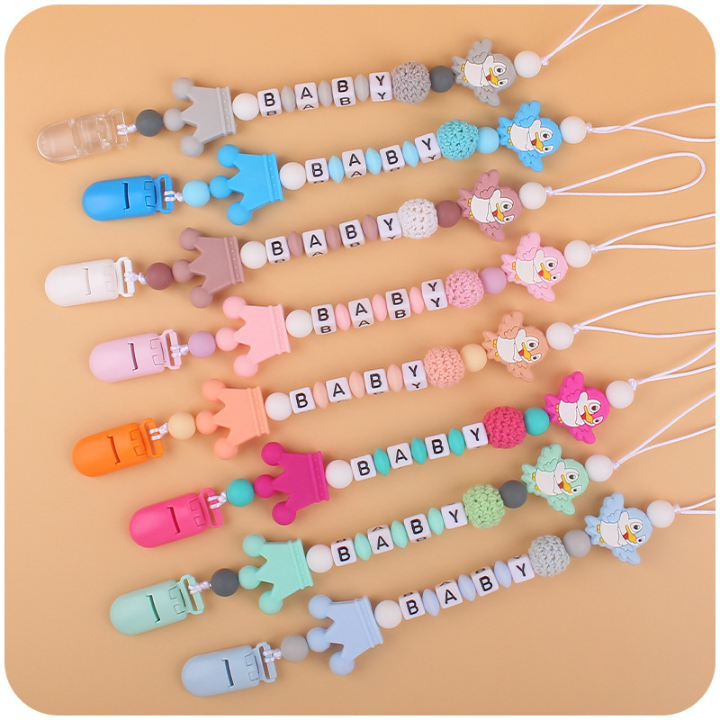 Nuevos suministros para bebés de dibujos animados animal pájaro mordedor calmante bebé chupete de silicona cadena teether traje de juguete