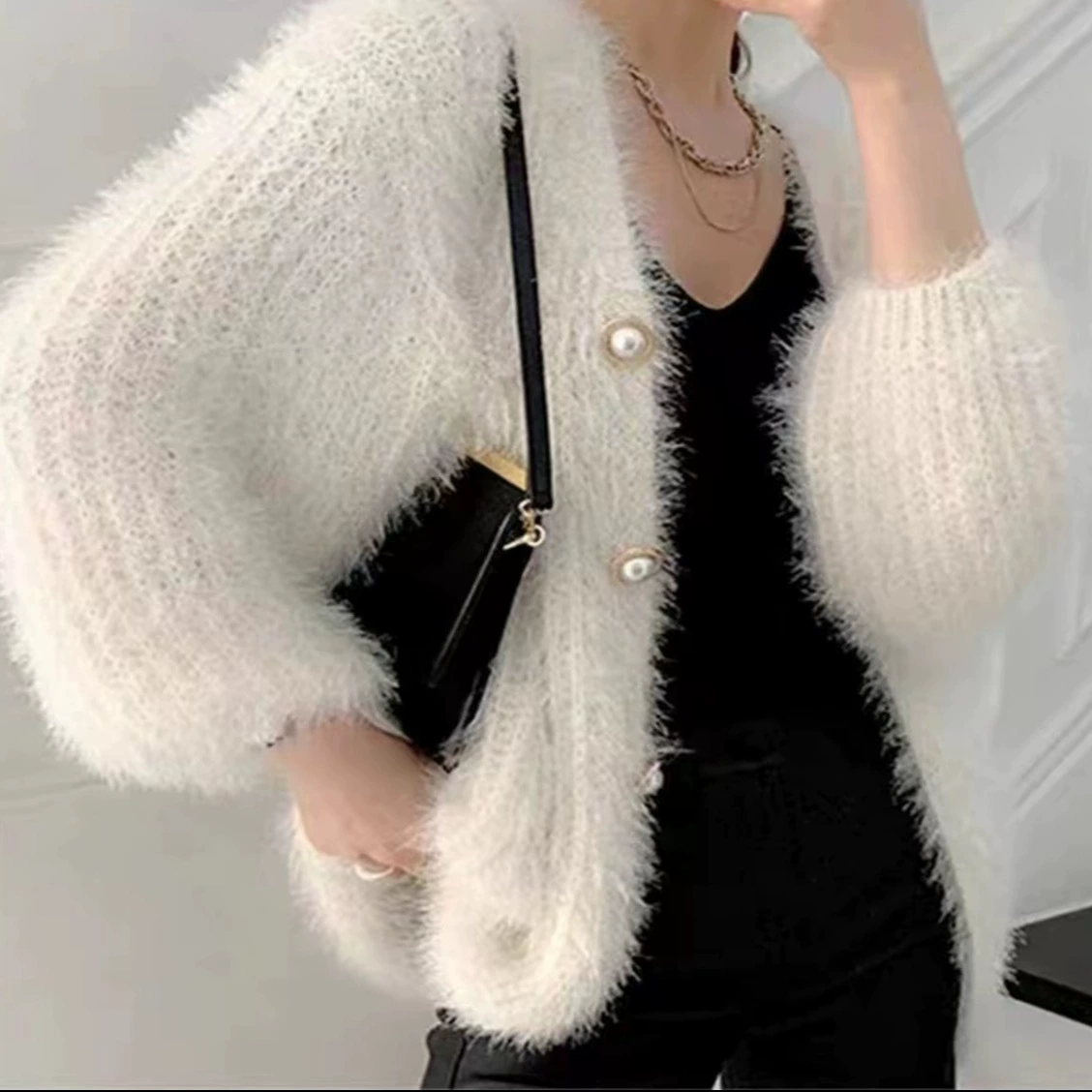 Женский вязаный кардиган из искусственного норкового бархата, осенне-зимний новый стиль, маленький ароматный стиль, свободный меховой топ с v-образным вырезом и длинными рукавами