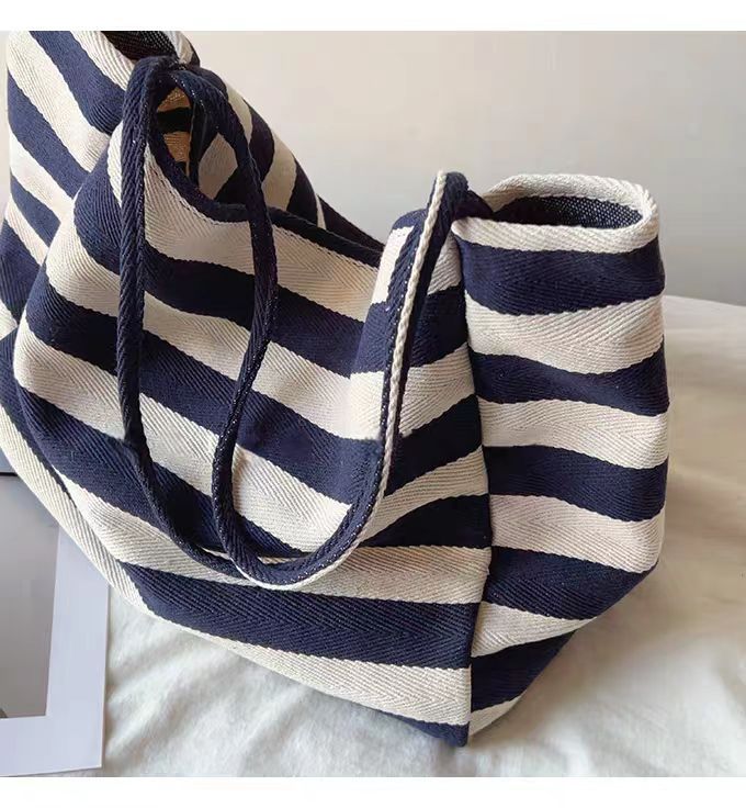 Contrast Stripe Canvas Tote Bag, Large Capacity Shoulder Bag_voghion.com