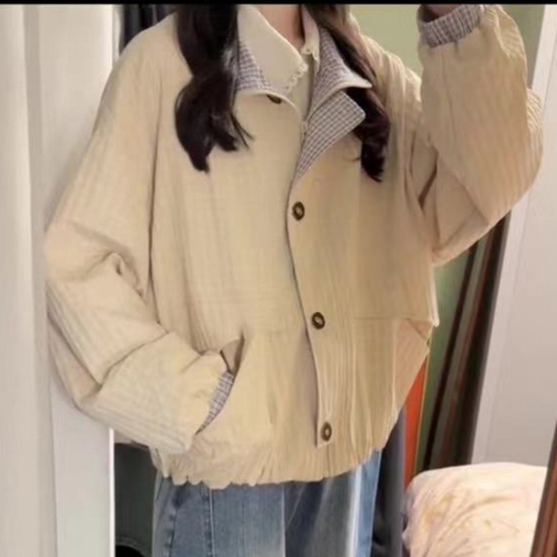日系复古宽松撞色外套女2025早春高级感小众设计立领格纹短款夹克|undefined