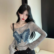 废土风牛仔蝴蝶长袖T恤女春季美式辣妹一字肩上衣不规则防晒罩衫