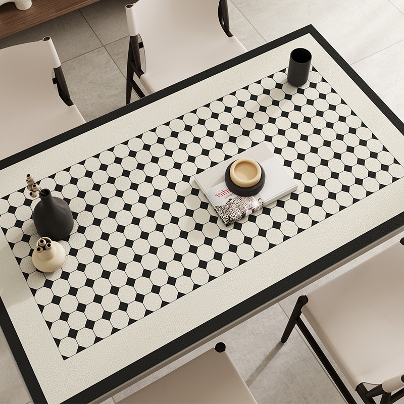 Modern Simple Tablecloth Light Luxury Water-Proof Oil-Proof Non-Washable Tablecloth Leather Silicone Black and White Plaid Dining Table Mat