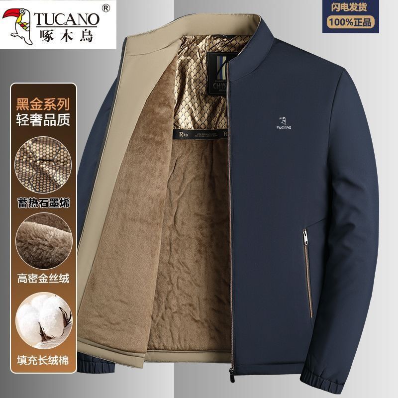 Woodpecker Genuine Dad Winter Jacket Black Gold Fleece-Lined Thickeneded Middle-Aged Men's Jacket Autumn and Winter Tops