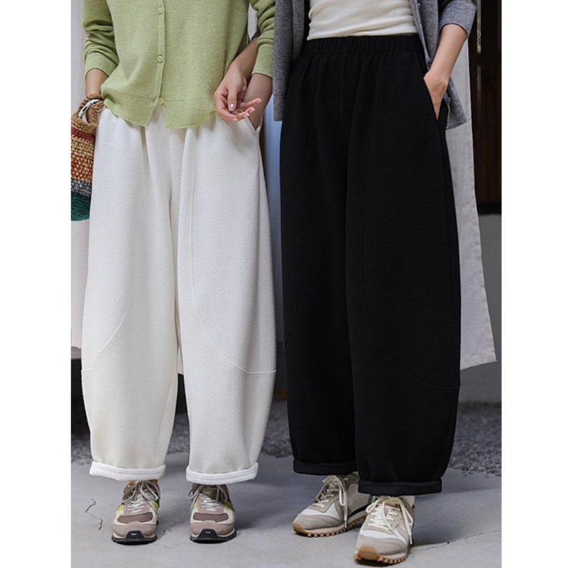 2025 New Style Fluffy and Soft Air Layer Cotton Blended Textured Elastic Waist Split Shape Wide Leg Casual Pants