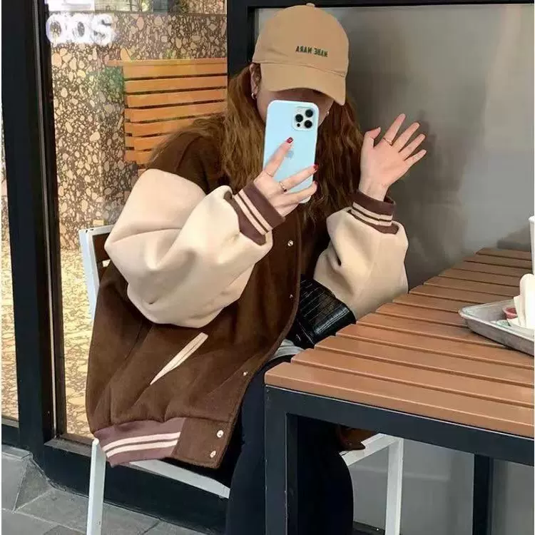 加绒加厚复古棒球服女新款宽松vintage拼接夹克外套咖色上衣女装