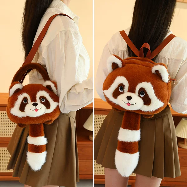 Little Raccoon Doll Backpack Women's Crossbody Bag Cute Cartoon Little Panda Children's Portable Plush Toy Bag Gift
