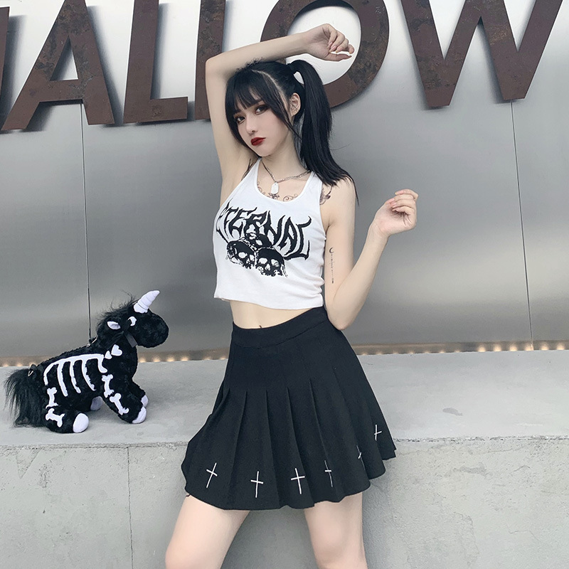 Punk Nightclub Navel-Baring Short Vest Gothic European and American Summer Print Sexy Street Suspender Women's Clothing Trendy