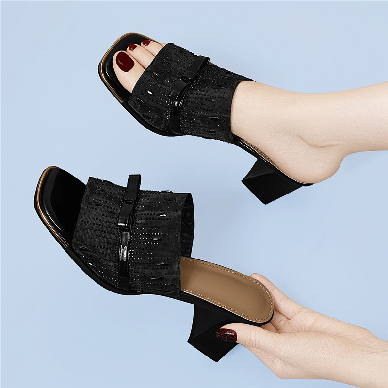 Sandal cao gót nữ hở mũi phong cách Pháp đính sequin lấp lánh gót vuông 6 cm — 7215 Màu đen, 7215 màu mơ