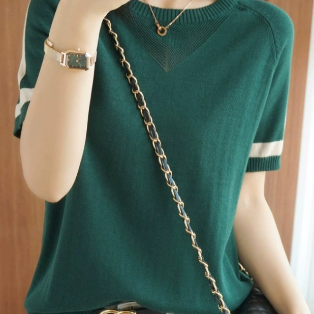 Модный женский вязаный свитер с цветными блоками, свободная футболка с короткими рукавами и уникальным дизайном.