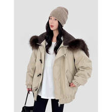 2707# 天使之翼派克外套 90白鸭绒可拆卸貉子毛连帽牛角扣羽绒服