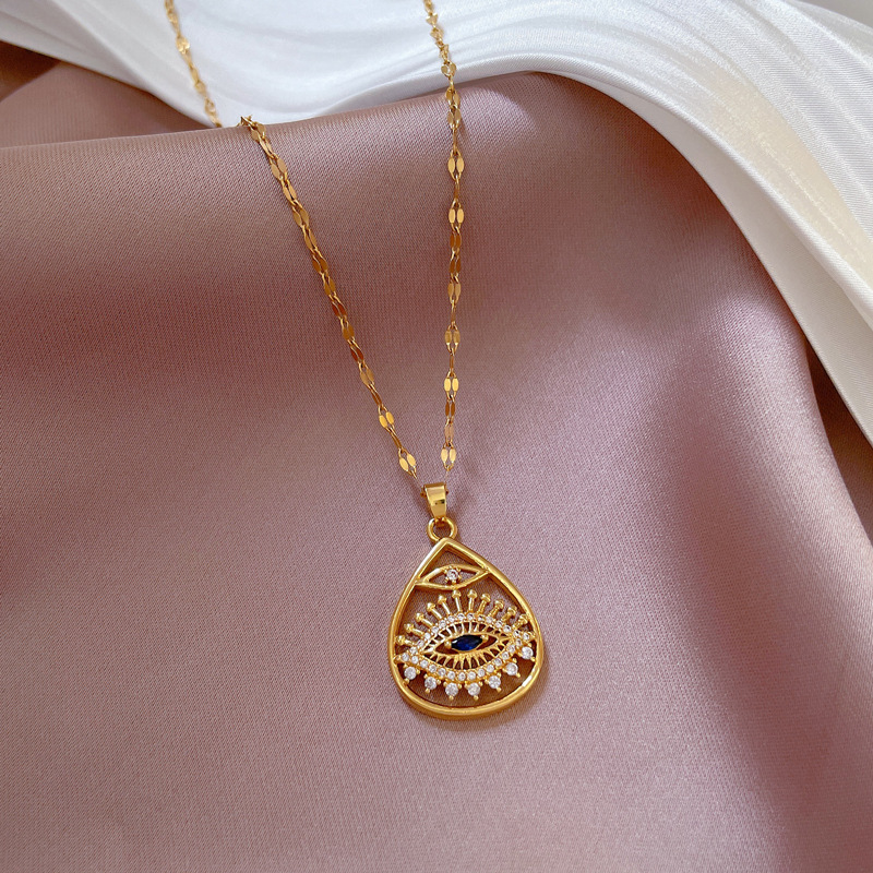 Ethnic Style Water Droplets Eye Titanium Steel Plating Hollow Out Inlay Zircon Pendant Necklace 1 Pi