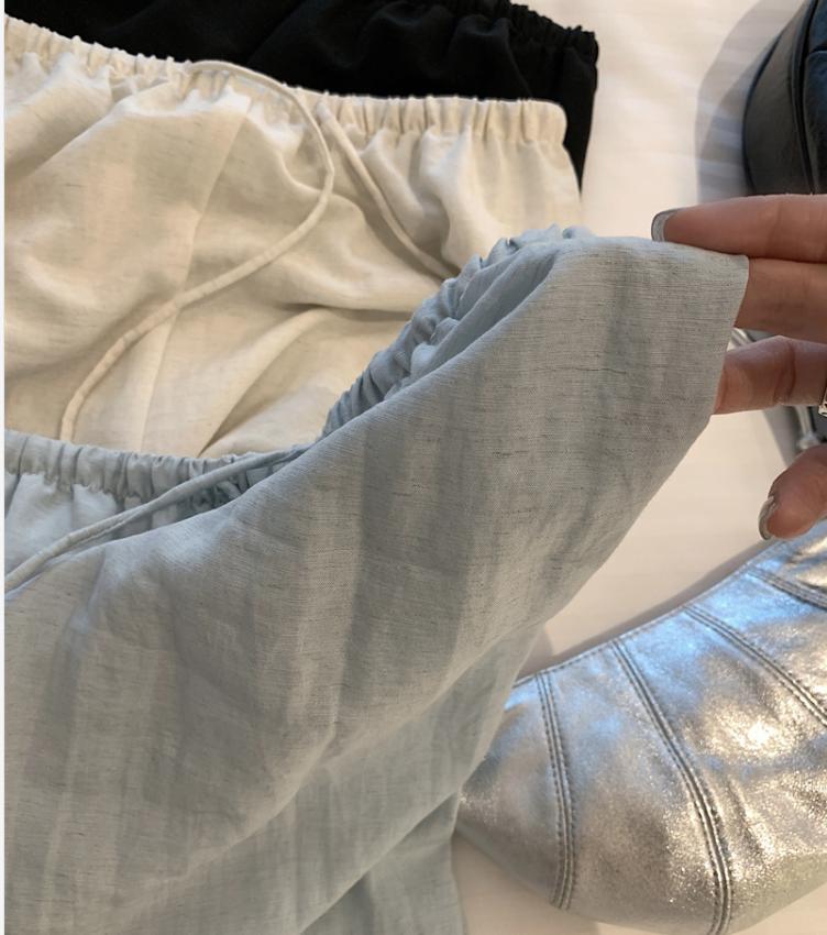 Quần culottes nữ ống rộng cạp chun rút dây chất liệu linen phối tencel dáng dài mùa hè — màu đen, Trà trắng, xanh lam chi tiết 3