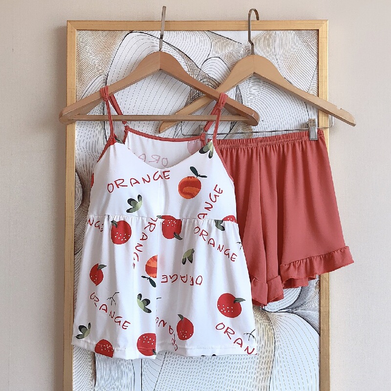 Summer Thin Cartoon Homewear Set with Chest Pad and Straps for Girls, Milk Silk Fabric, Wholesale for Foreign Trade
