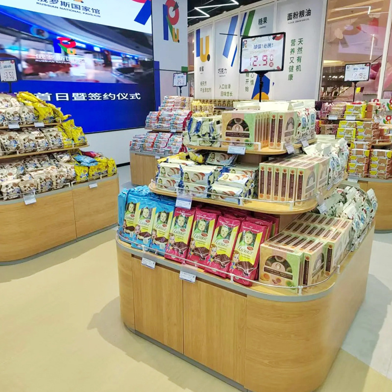 スーパーマーケットの棚の展示棚の販促棚の積み上げの展示台のデパートの間食の中島の棚の収納棚|undefined