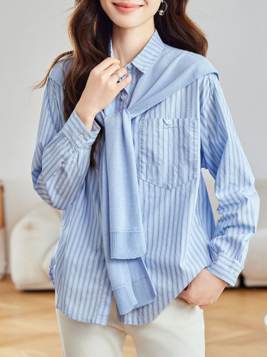 Cotton Boll Knitted Striped Sweater for Women Long Sleeve 2025 Autumn New Fashion Upgraded Pink Collar Blouse