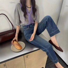 韩系慵懒风必入！高腰直筒裤蓝色牛仔九分裤舒适百搭显腿长超绝裤