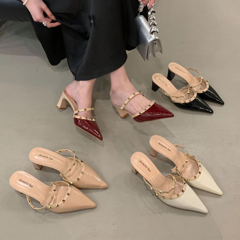 Brand Special Price Thick Heel French Rivet High Heel Baotou Half Slippers Liuding Thick Heel Slippers Women Pointed Sandals