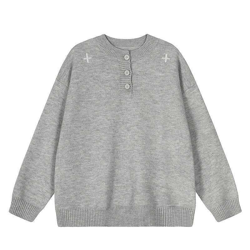 Gray Old Money Style Cross Embroidery Henry Collar Knitwear for Men and Women Winter Trendy Brand Warm Loose Bottoming Knitwear