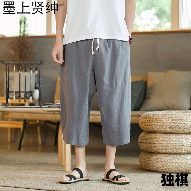 Pantalones cortos de lino Pantalones cortos de pierna ancha sueltos y delgados de estilo chino para hombres Pantalones cortos casuales de algodón y lino de gran tamaño de verano juvenil