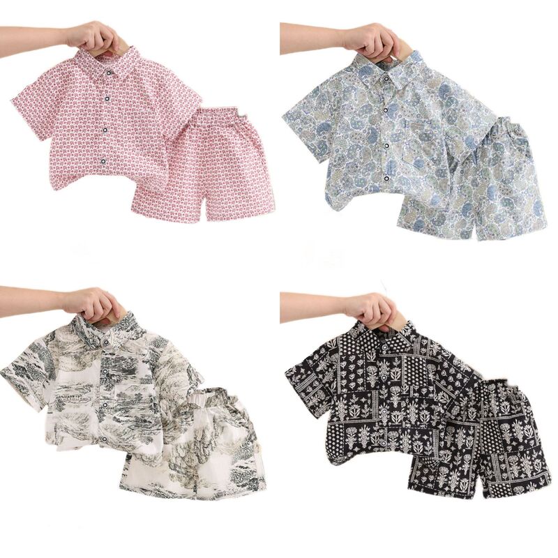 Children's Shirts Boys and Girls New Lapel Shirts Summer Baby Short-Sleeved Shorts Vacation Beach Foreign Trade Wholesale