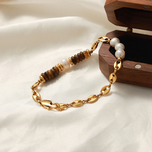 Retro Natural Tiger Eye Abacus Beads Handmade Stringed Freshwater Pearl Pig Nose Necklace Bracelet Set Decor for Women
