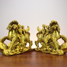杨铜记黄铜送子麒麟摆件铜金童玉女双人送子麒麟