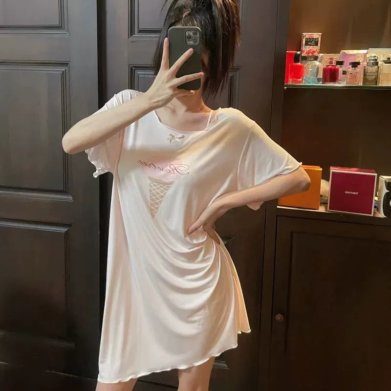 Пижама женская летняя японская ночная юбка с короткими рукавами высокого класса тонкий круглый воротник мультфильм сладкий свободный размер беременная одежда