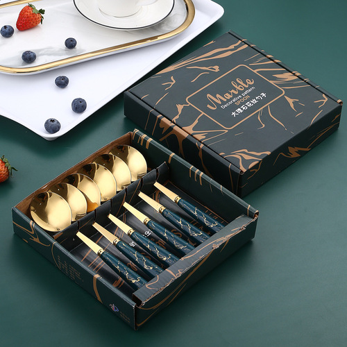 Nordic creative stainless steel imitation ceramic marble handle household dessert spoon soup rice spoon 6 gift box set