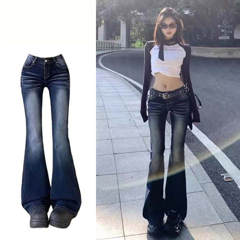 Korean-style low-waisted slim-fit jeans for women, new spring and autumn model, slimming and elegant, suitable for commuting, with a bootcut and floor-length design