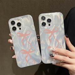 新款粉蝴蝶結適用 蘋果15promax羽紗銀11/12/13/14/15高級感12pro