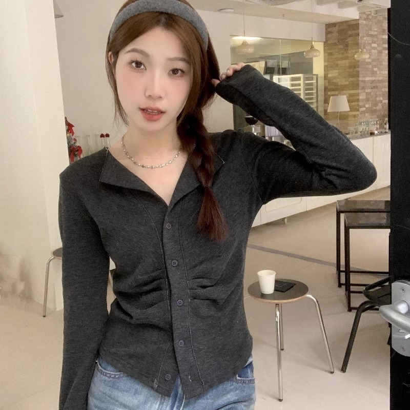 0699#250G绵羊绒女薄款2025秋季新款纯色短款外套翻领上衣长袖t恤|undefined