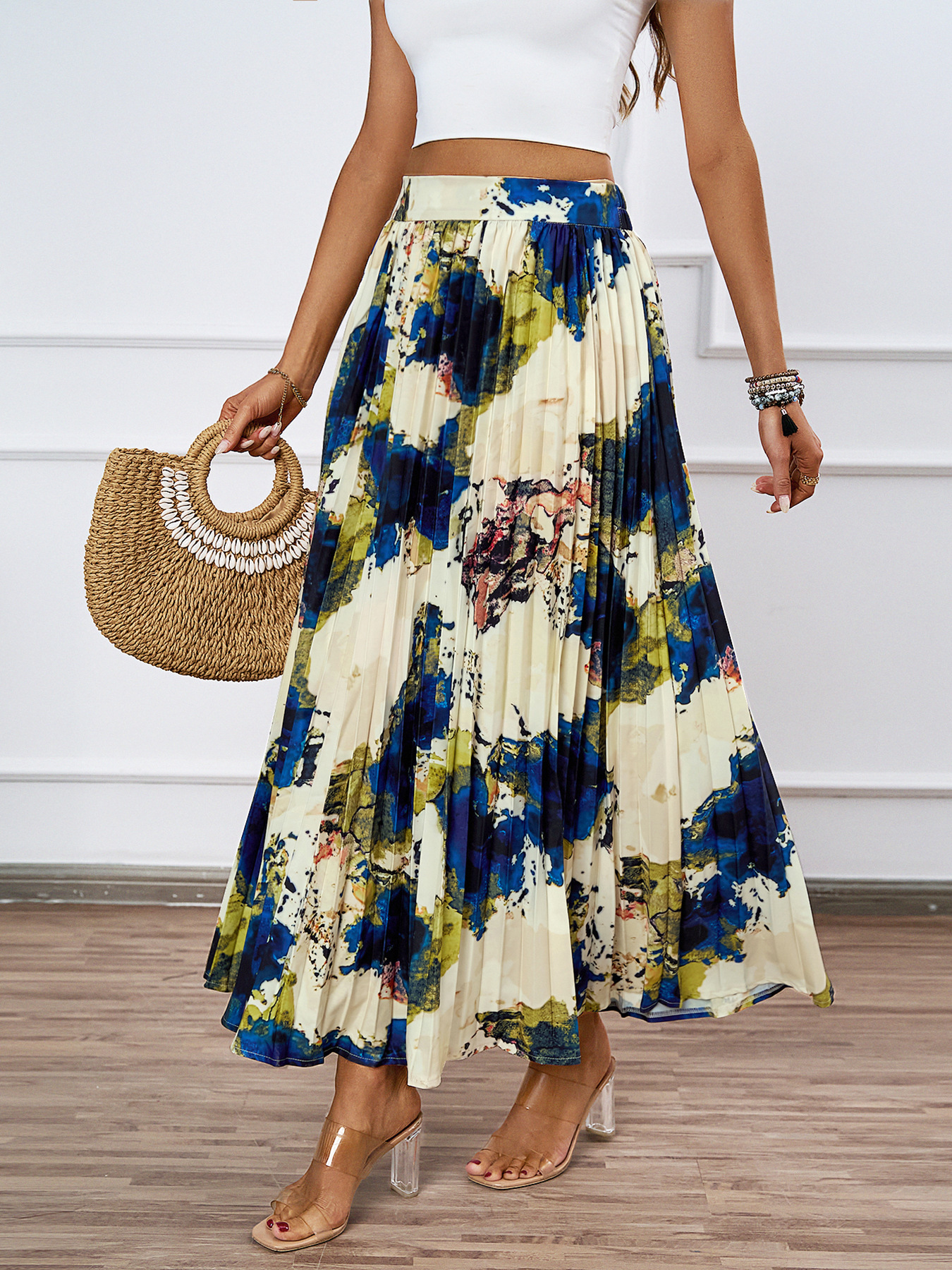 320g Weight Maxi Long Dress Dress Length Type Pleated Skirt Dresses Type Polyester Fabric Type Mid Waist Waist Line Inelastic Elasticity Holiday, Daily Occasion Regular Fit Fit Type Oil Painting Pattern Summer Season Women's Gender Casual Style Summer Casual Oil Painting Polyester Maxi Long Dress Skirts 9