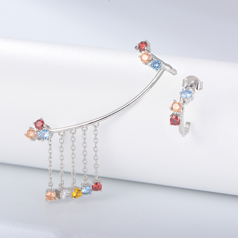 Europa y América ins pendientes de alto sentido nicho s925 plata esterlina personalidad asimétrica color circón pendientes de la borla