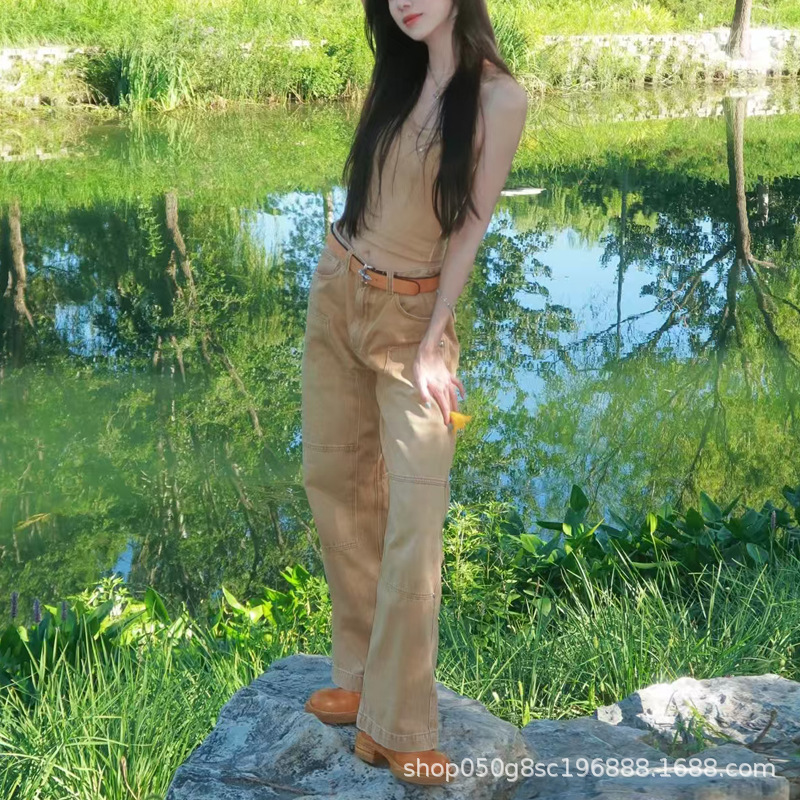 SMFK十字复古宽直筒工装裤手工涂旧垂感牛仔阔腿长裤女25秋季新款|undefined