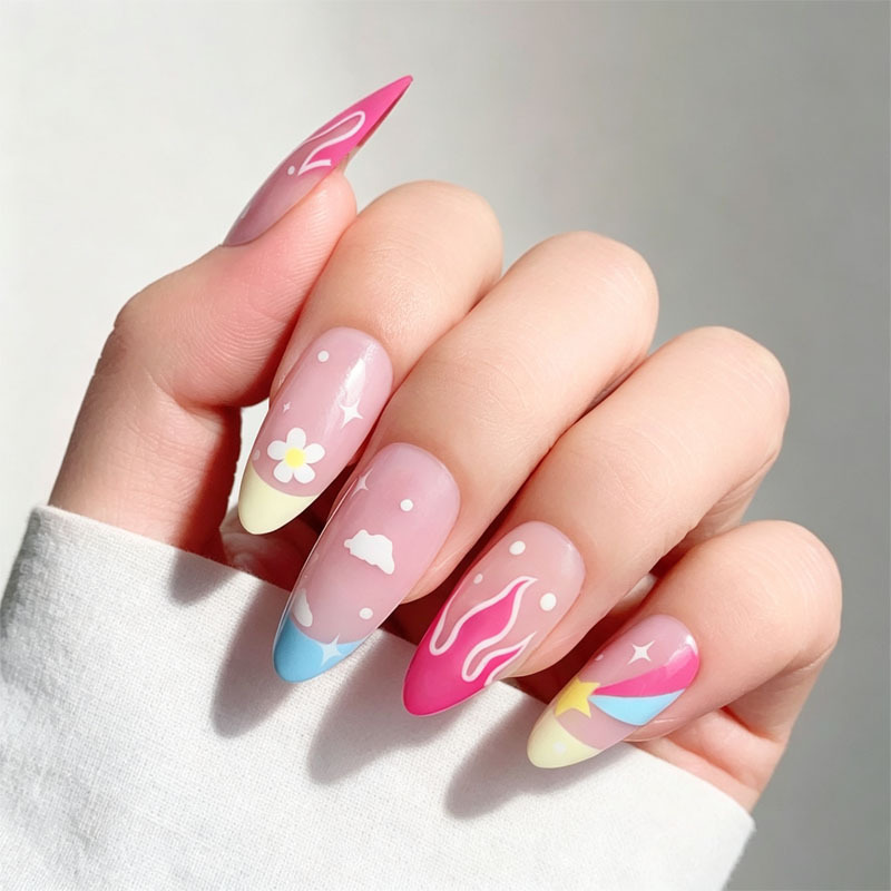 Sweet and cool pink flame nail art, featuring cloud, daisy, and rainbow designs, in a medium-length almond shape. These unique and stylish nail stickers are available now Sweet and cool pink flame nail art, featuring cloud, daisy, and rainbow designs, in a medium-length almond shape. These unique and stylish nail stickers are available now