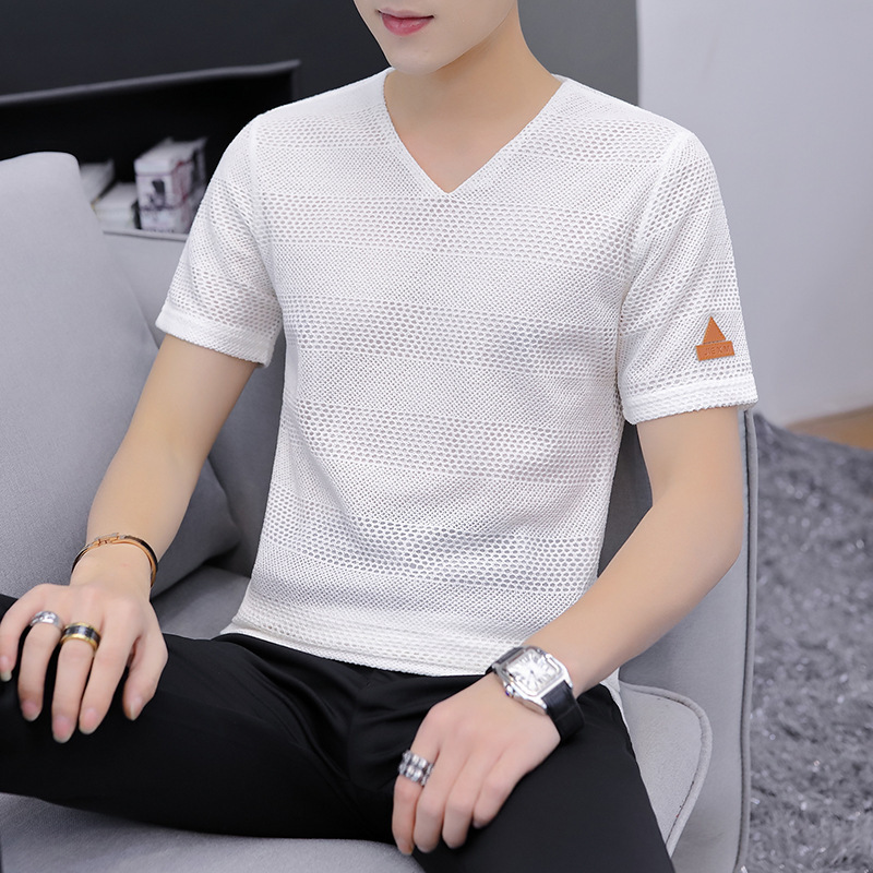 Summer New Ice Silk Cut Out Men's Short-Sleeved T-Shirt Knitted Mesh Collar Half-Sleeved Shirt Thin Body T-Shirt Trendy