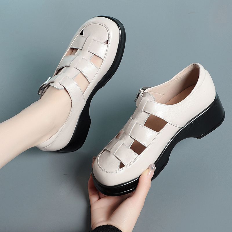Sandal nữ quai chữ V da thật đế dày mùa hè — đen