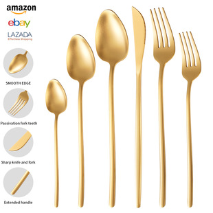 Amazon Cross-border 304 Stainless Steel Thickened Steak Knife and Fork Spoon Matte 6 Main Piece Long Handle Western Dessert Spoon and Fork