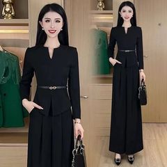 时尚套装女2025春秋新款修身显瘦V领上衣垂感阔腿裤职业两件套潮