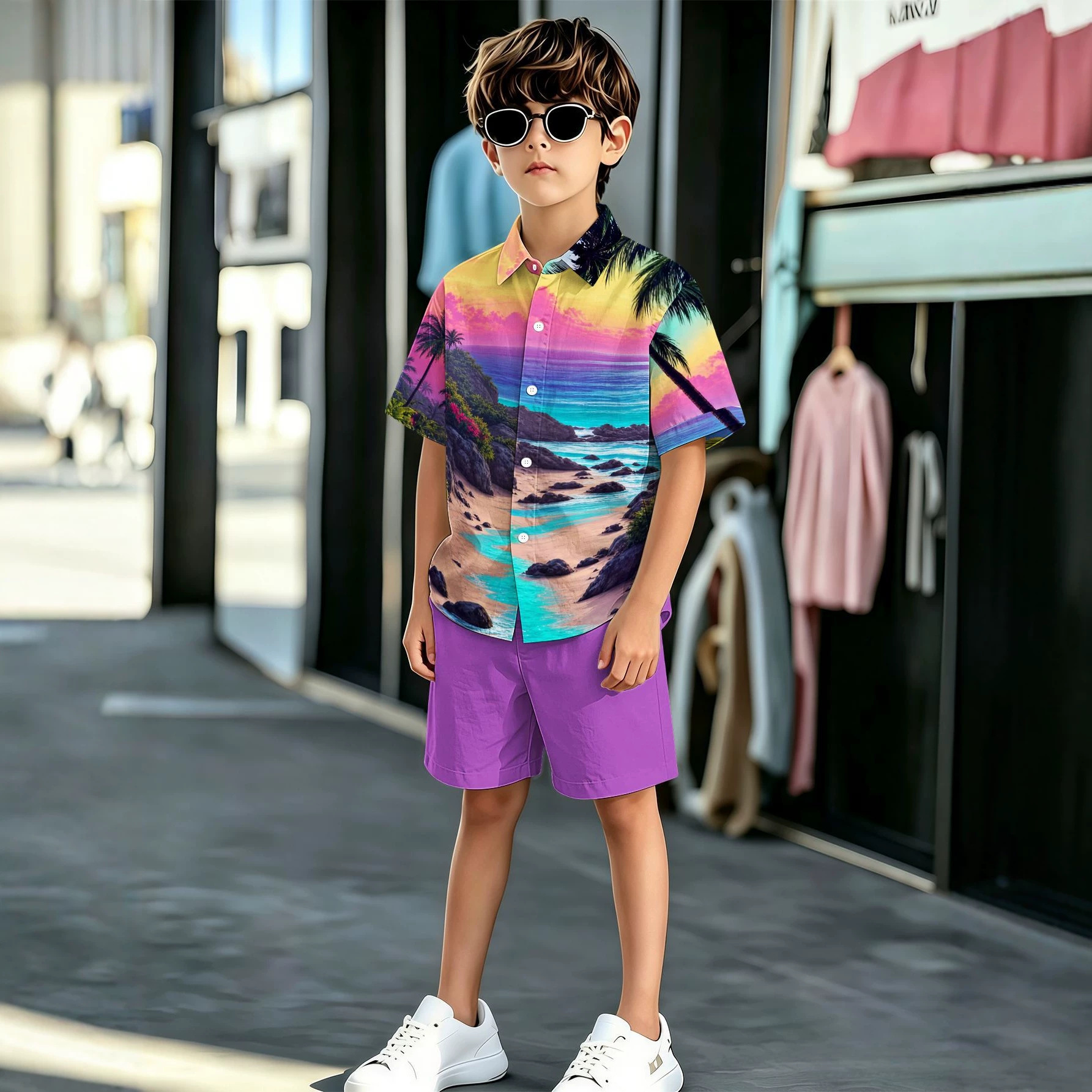 New Product Designs With 3D Printed Patterns, Boys' Shirt And Shorts Set, For Sales_voghion.com