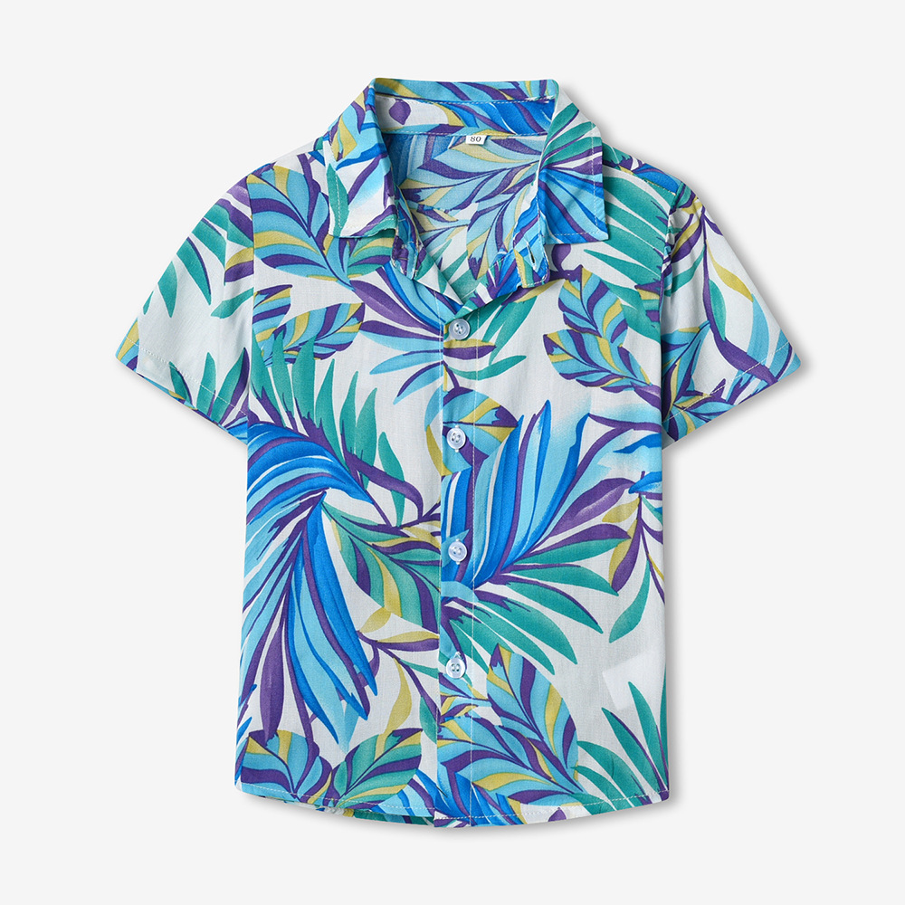 Cárdigan de algodón con estampado neutro de verano europeo y americano, abanico de moda, camisa de flores de vacaciones de manga corta hawaiana, ropa para niños transfronteriza al por mayor