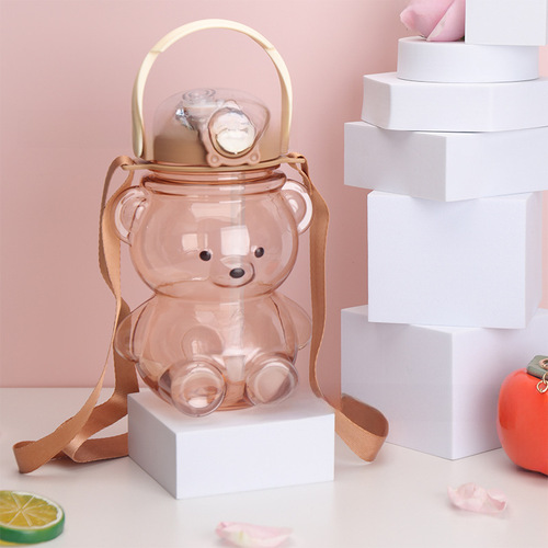 Plastic water cup cute bear large capacity student high-quality appearance straw double drinking cup for children summer outdoor crossbody water bottle