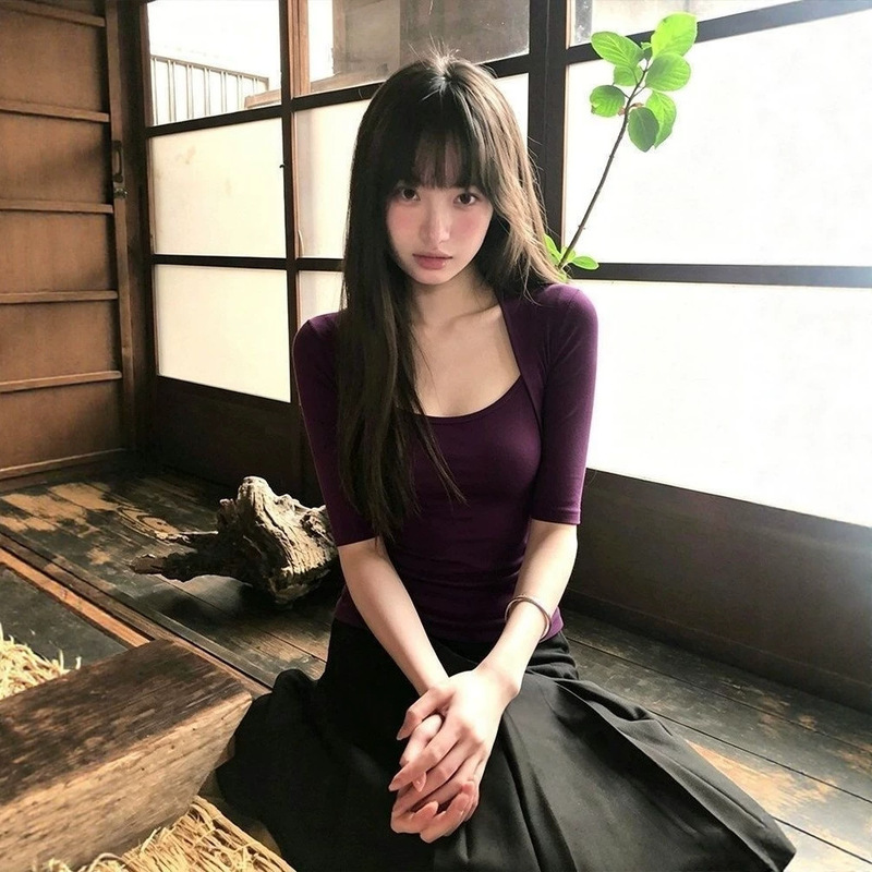 Hot Girl Style Purple Mid-Sleeve T-Shirt for Women, Summer 2026 Super Trendy Outfit, Slim Fit, Flattering Square Neck Short-Sleeve Versatile Top Hot Girl Style Purple Mid-Sleeve T-Shirt for Women, Summer 2026 Super Trendy Outfit, Slim Fit, Flattering Square Neck Short-Sleeve Versatile Top