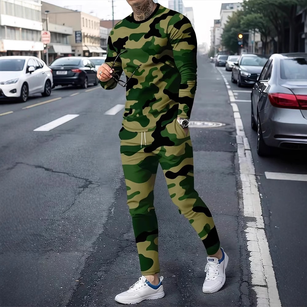 2025 europeo y americano transfronterizo nueva moda casual camuflaje manga larga cuello redondo suéter pantalones traje ME1 ML1